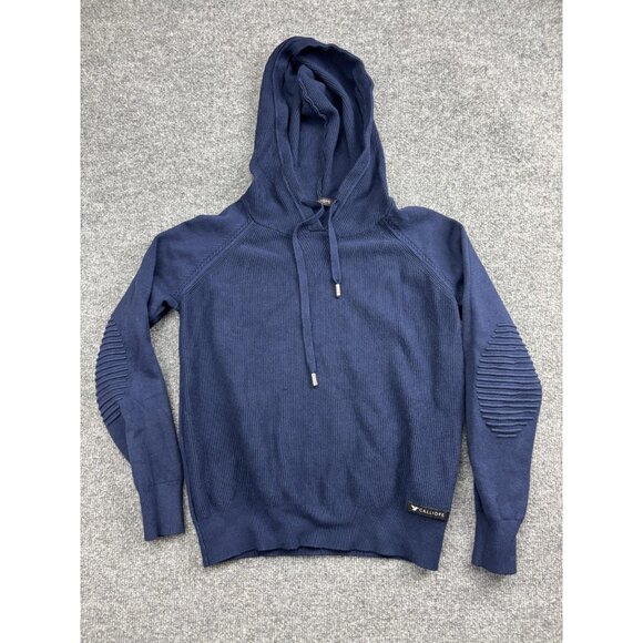 Calliope Hoodie Womens Small Navy Blue Ribbed Knit Raglan Elbow Patch Pullover - Picture 1 of 6